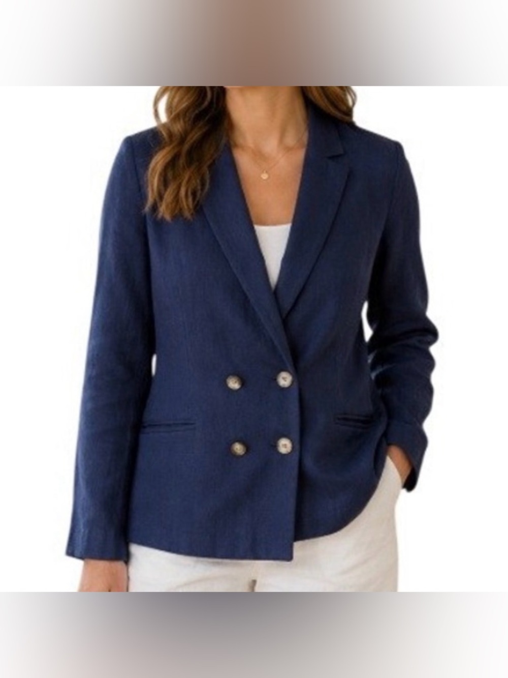 J. McLaughlin ressie 100% linen Double-Breasted Navy Blazer Resortwear size 4